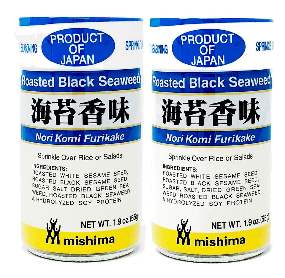 MISHIMA Nori Komi Furikake bottle for seasoning rice and salads with roasted seaweed and sesame.