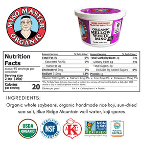 Miso Master Organic Mellow White Miso gluten-free, kosher, vegan, non-GMO on label.