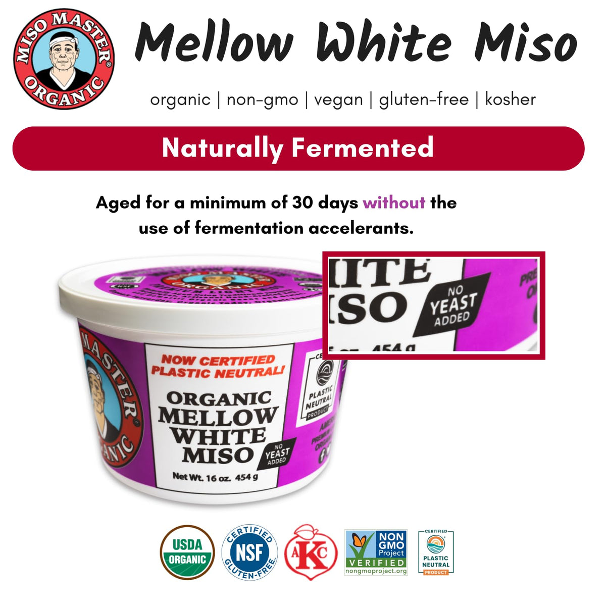 Miso Master Organic Mellow White Miso organic soybeans on label, natural ingredients.
