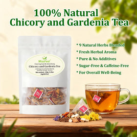 Miss Feel chicory gardenia tea bag closeup highlighting herbal blend for caffeine-free sipping.
