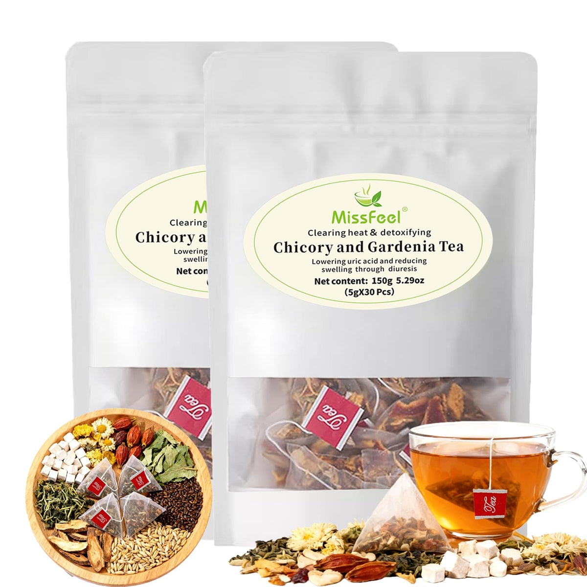 Miss Feel chicory gardenia tea packaging showcasing natural ingredients for daily wellness.