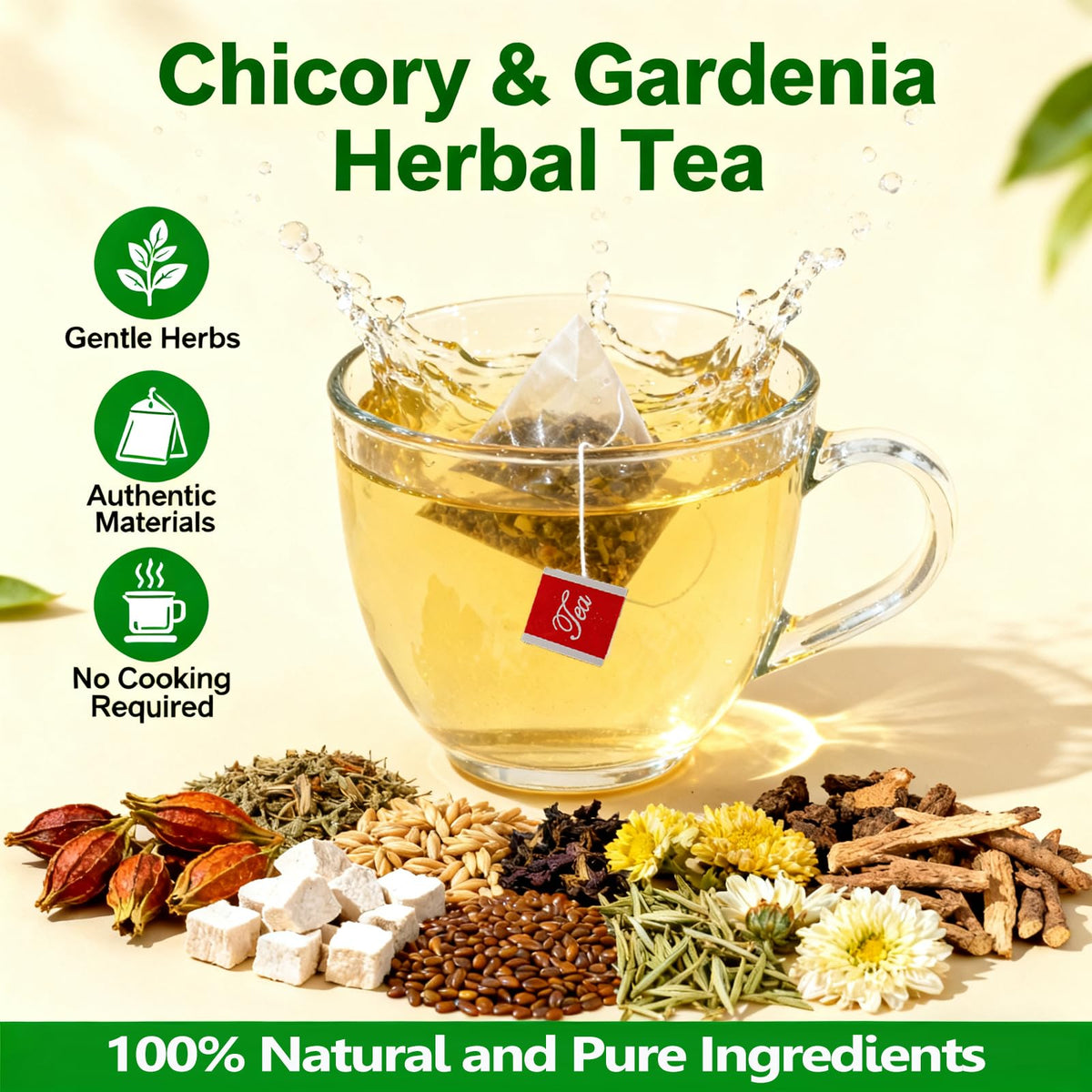 Miss Feel chicory gardenia tea steeping in cup invites calm, flavorful brew.