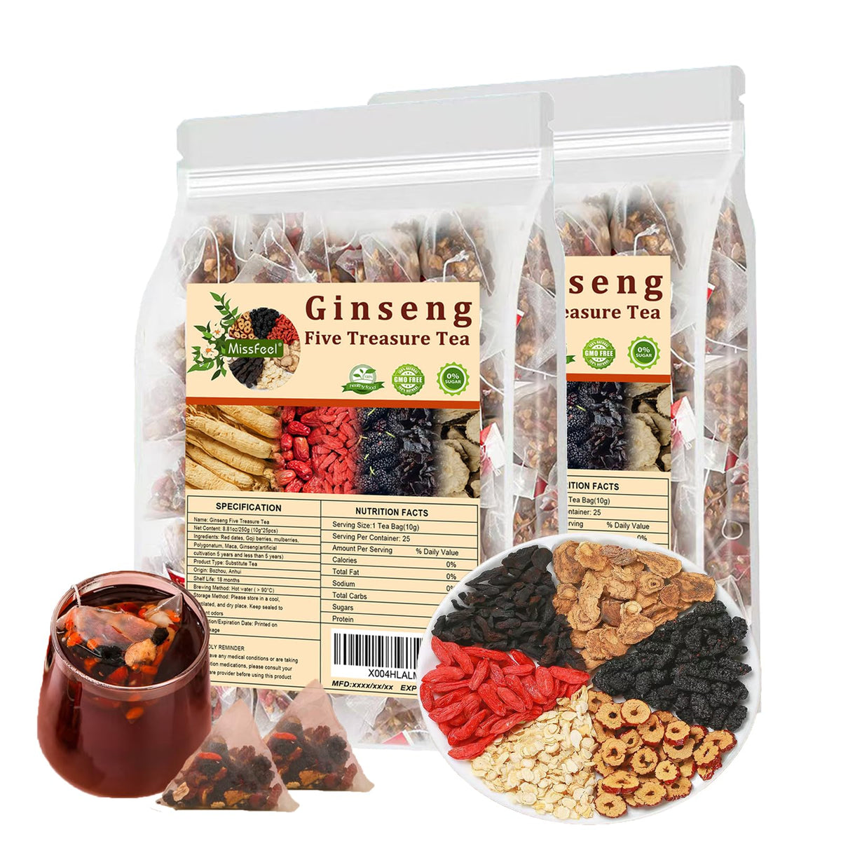 Miss Feel Ginseng Five Treasure Tea bag closeup for a calming daily ritual.