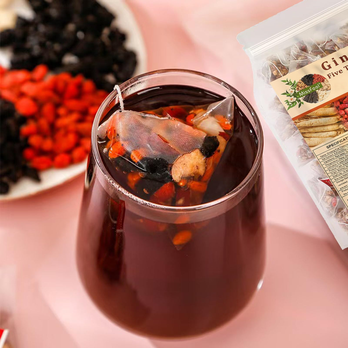 Miss Feel Ginseng Five Treasure Tea leaf closeup highlights natural ingredients and fragrant aroma.