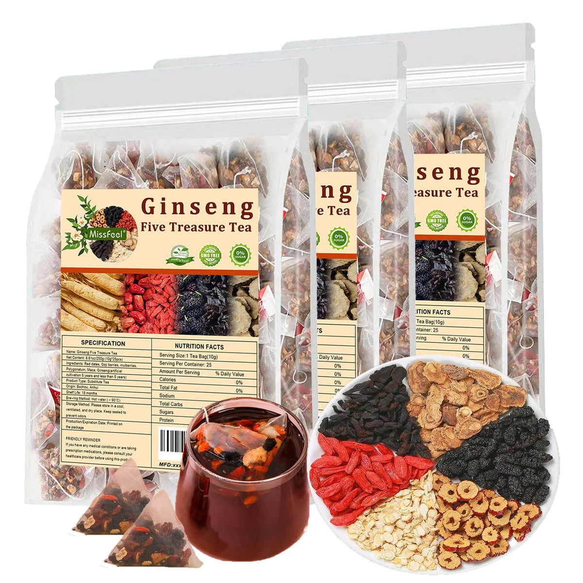 Miss Feel Ginseng Five Treasure Tea packaging showing premium herbal blend for daily wellness