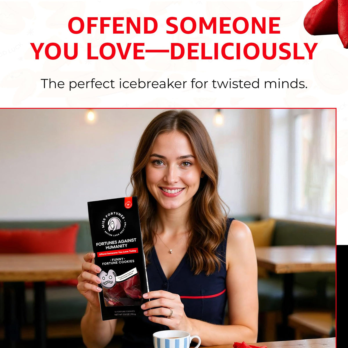Miss Fortunes red devilish packaging signals troublesome fun at parties.