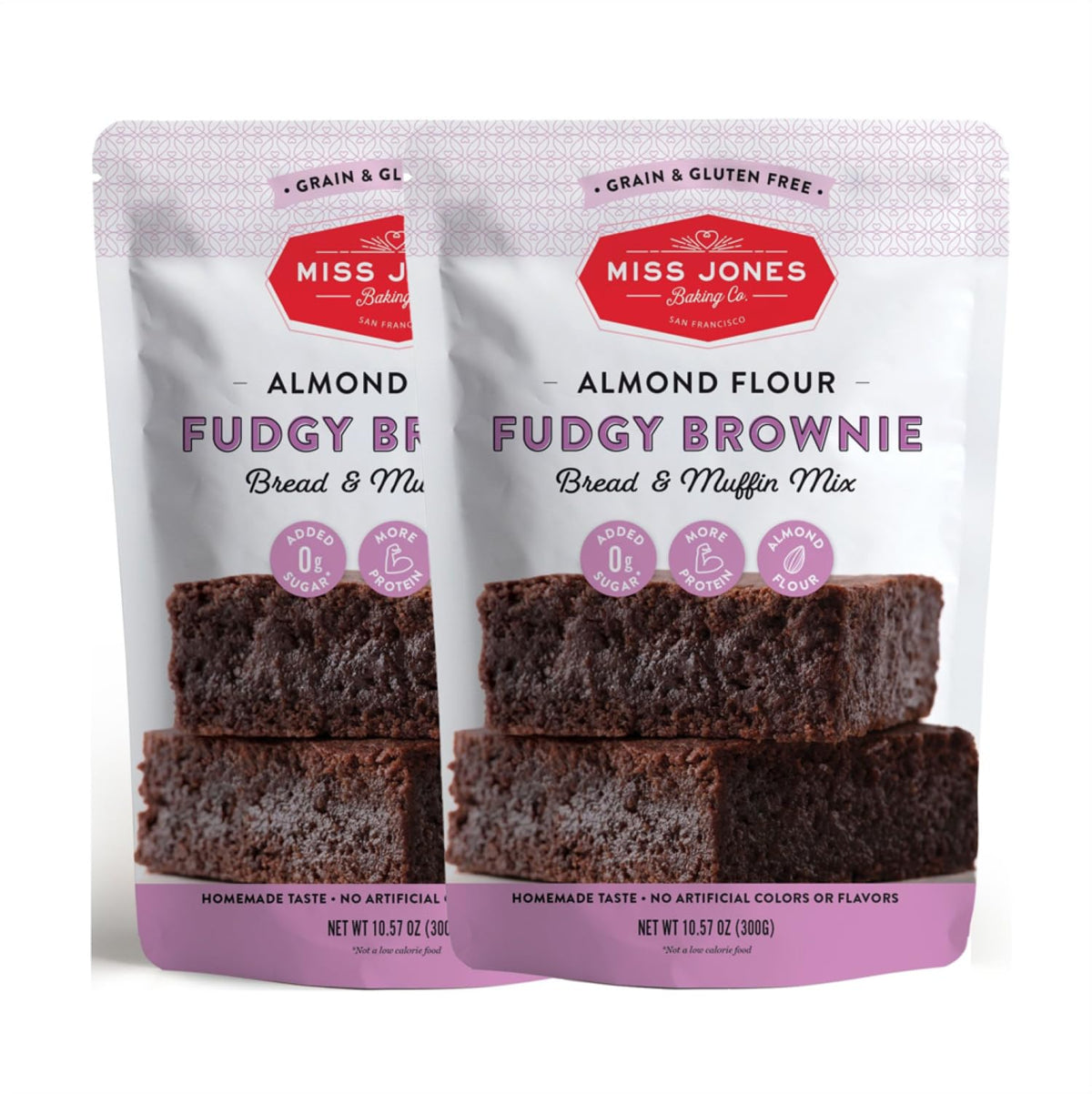 Miss Jones Baking brownie mix with almond flour; low-carb, gluten-free treats.