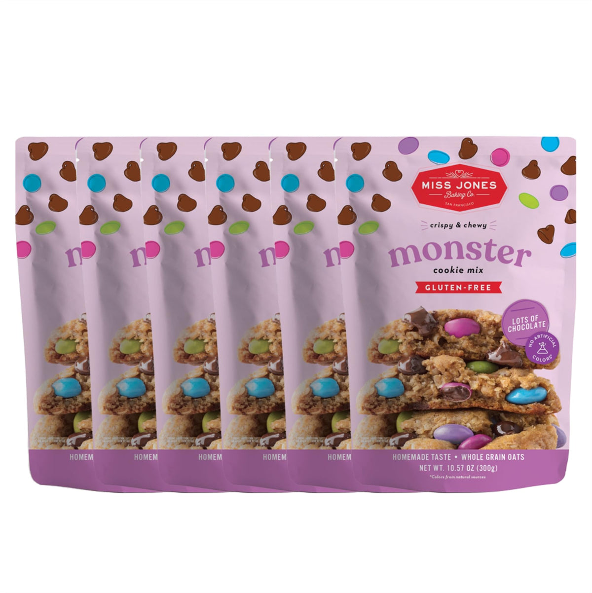 Miss Jones Baking gluten-free chocolate chip cookie mix pack, rich in chocolate chips for indulgent treats.