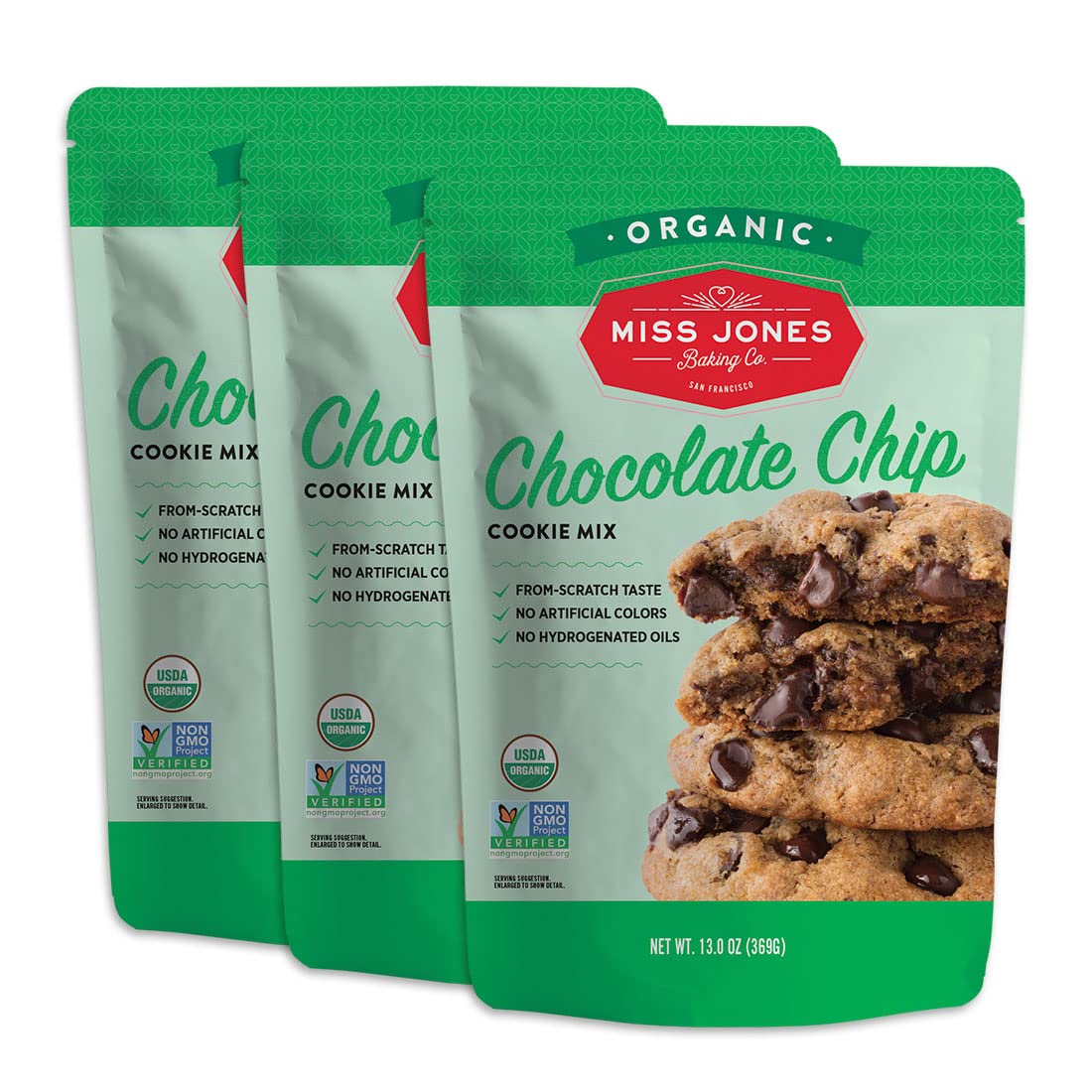 Miss Jones Baking Organic Cookie Mix pack of three, front view.