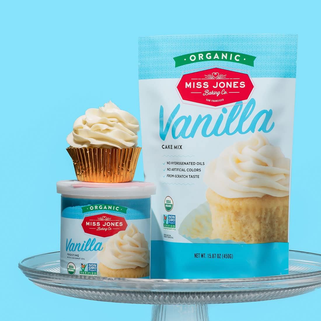 Miss Jones Baking Organic Vanilla Buttercream Frosting pack-3 pack shot showing three jars.