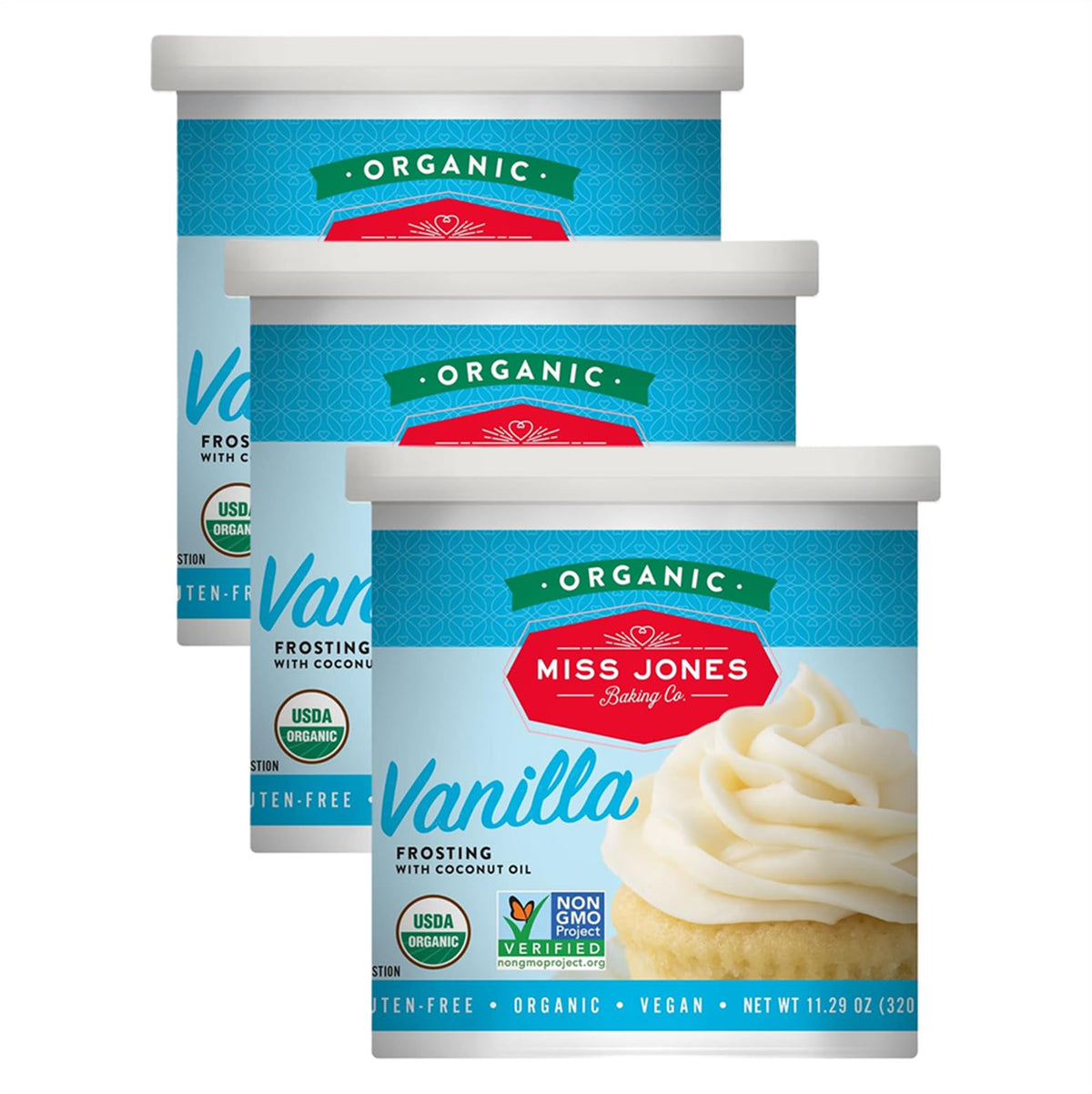 Miss Jones Baking Organic Vanilla Buttercream Frosting poured over cake for a smooth bakery finish.