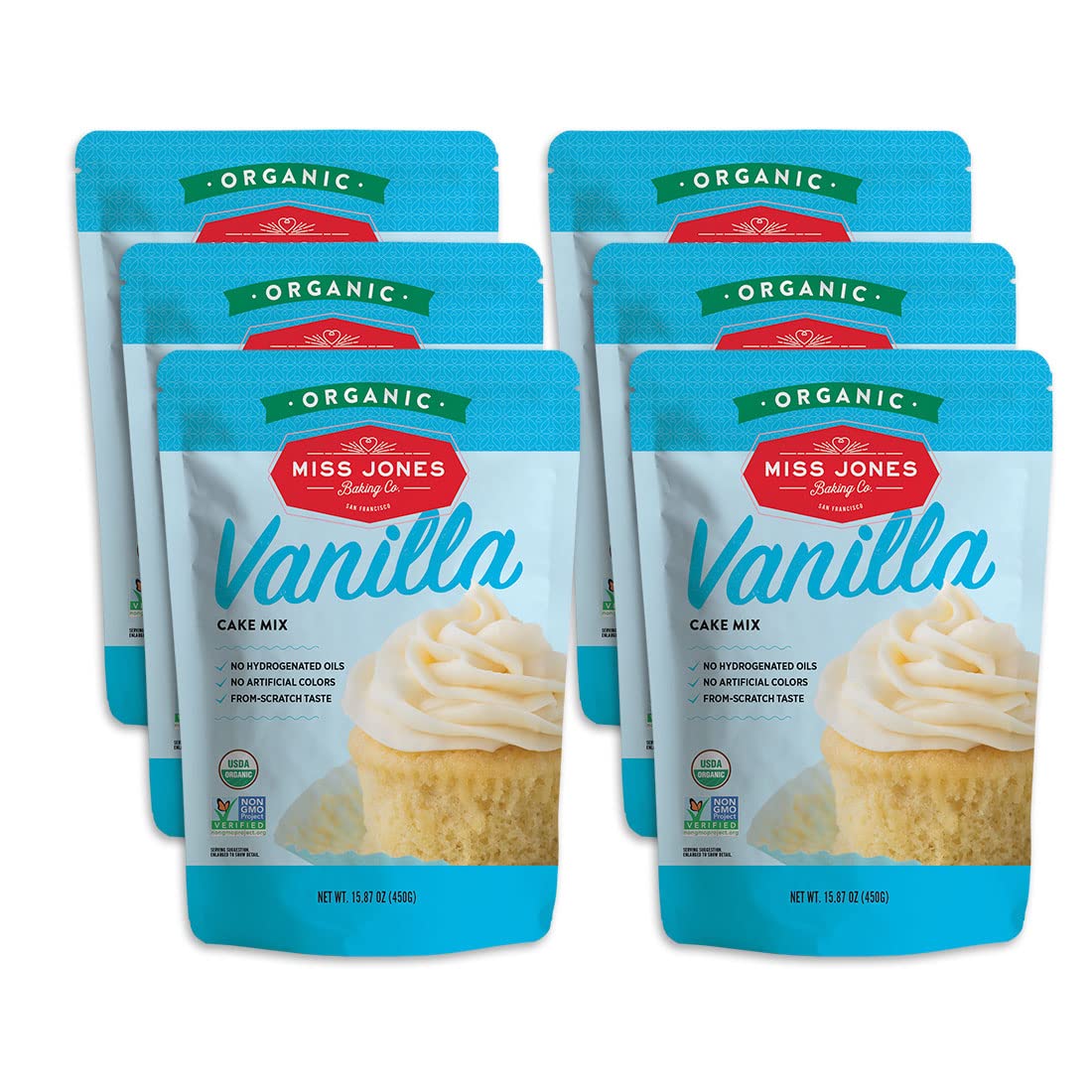 Miss Jones Baking Organic Yellow Cake Mix box delivers fluffy vanilla cake.