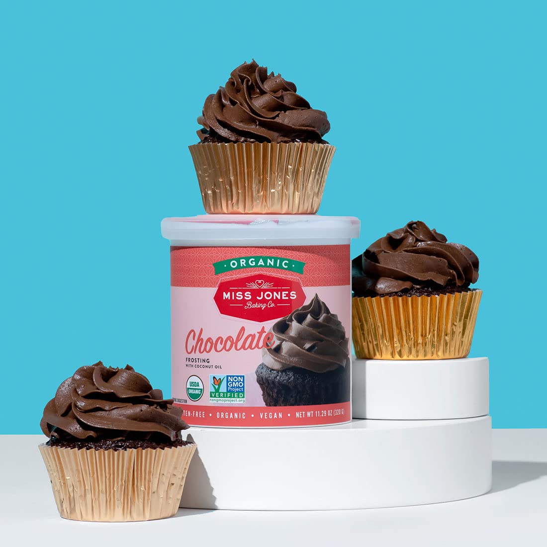 Miss Jones Baking packaging 3-pack tubs, convenient store-and-go frosting for bakers.