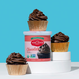 Miss Jones Baking packaging 3-pack tubs, convenient store-and-go frosting for bakers.