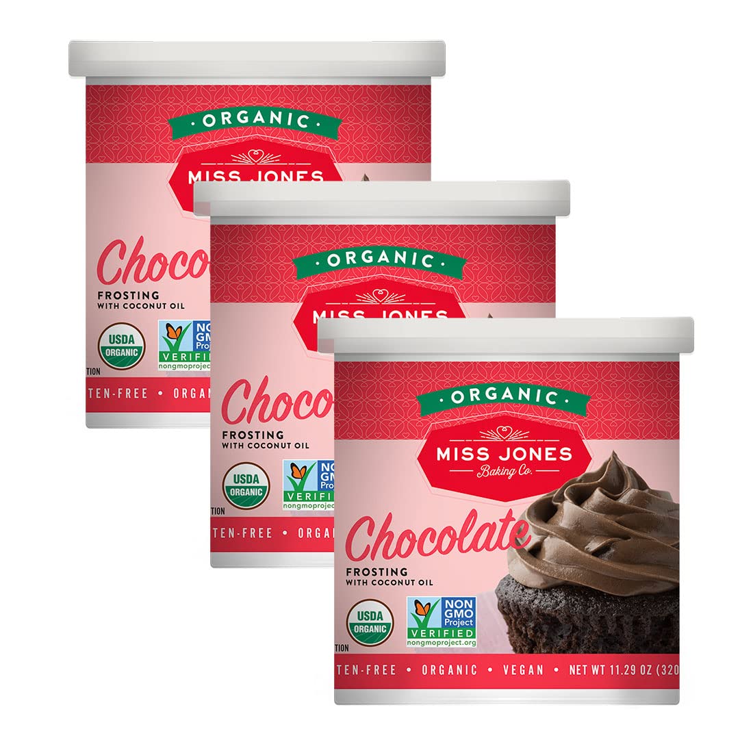 Miss Jones Baking rich fudge chocolate frosting 3-pack, ideal for easy cake decorating.