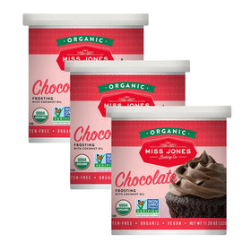 Miss Jones Baking rich fudge chocolate frosting 3-pack, ideal for easy cake decorating.
