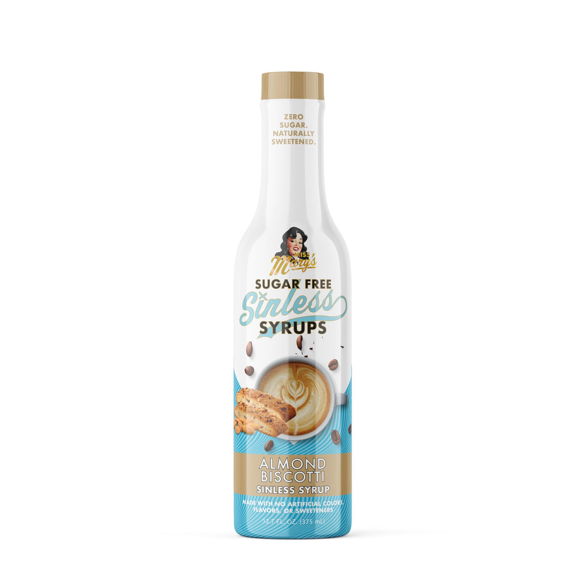 Miss Mary’s Almond Biscotti Sinless Syrup bottle with zero sugar sweetness for coffee