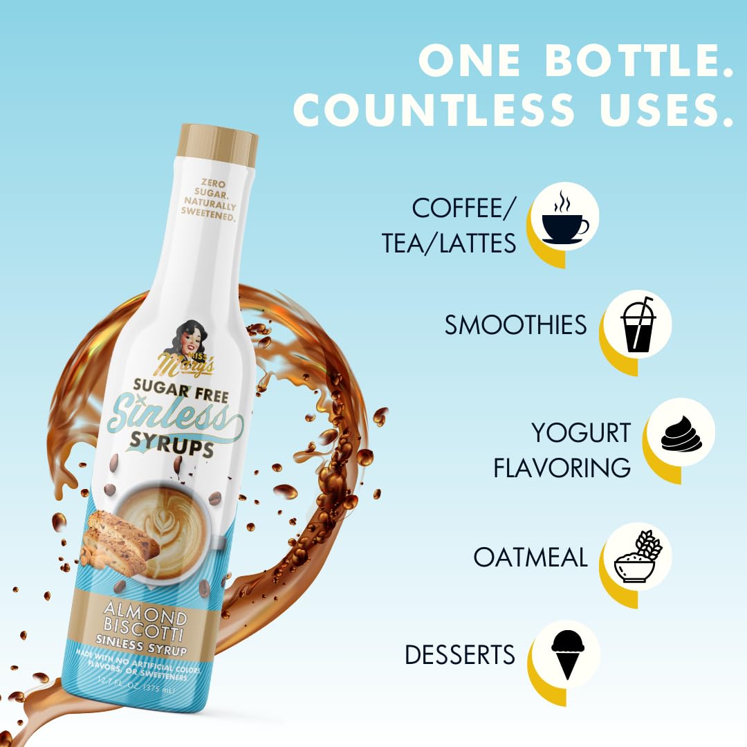 Miss Mary’s Almond Biscotti Sinless Syrup label highlights monk fruit and stevia