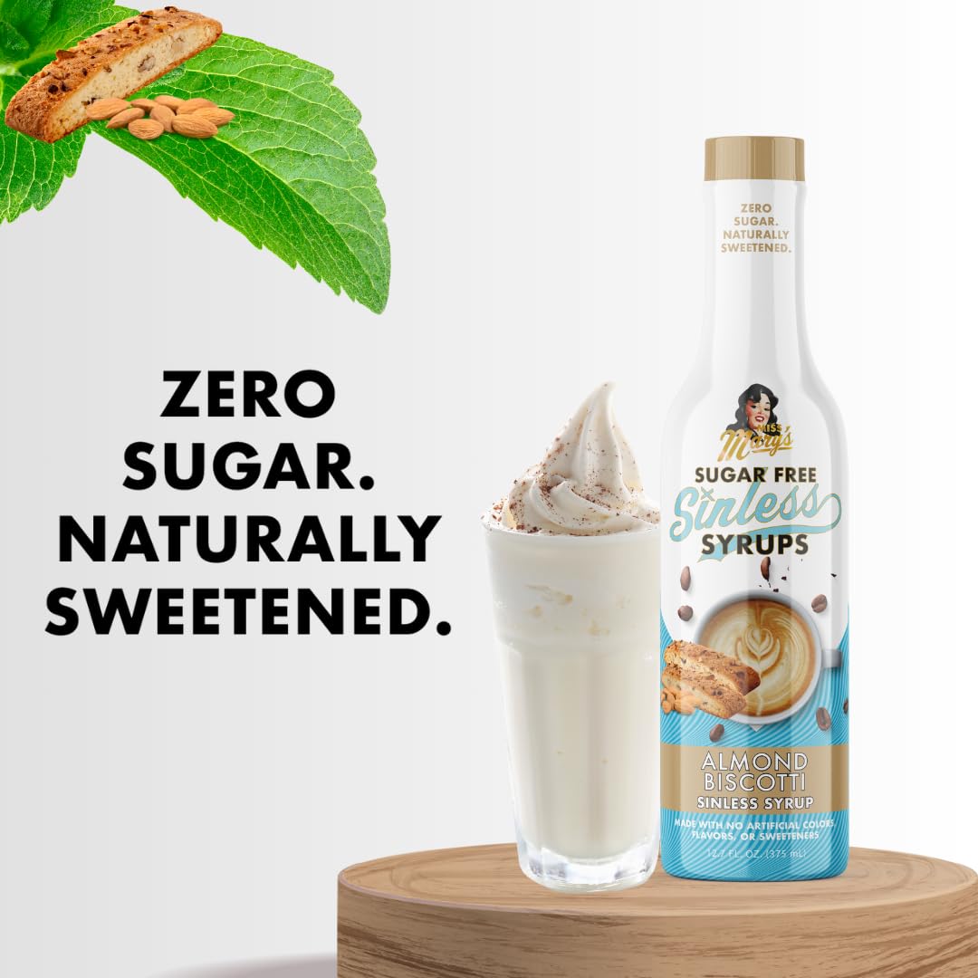 Miss Mary’s Almond Biscotti Sinless Syrup gift-ready bottle ideal for gifting