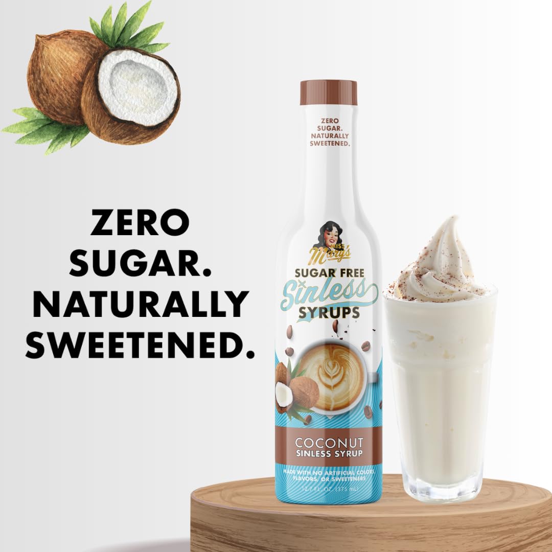 Cocktail setup featuring Miss Mary’s coconut sinless syrup as flavor boost