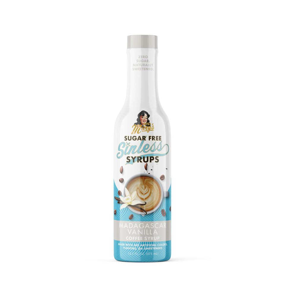 Miss Mary's Madagascar Vanilla Sugar Free Coffee Syrup bottle with vanilla aroma for coffee