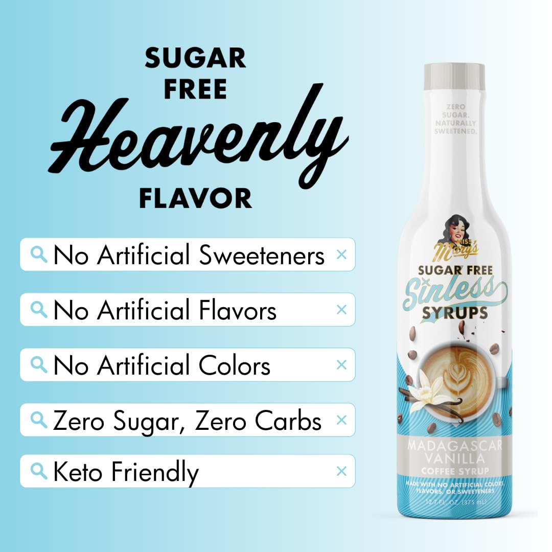 Miss Mary's Madagascar Vanilla Sugar Free Coffee Syrup in a cup enhancing flavor