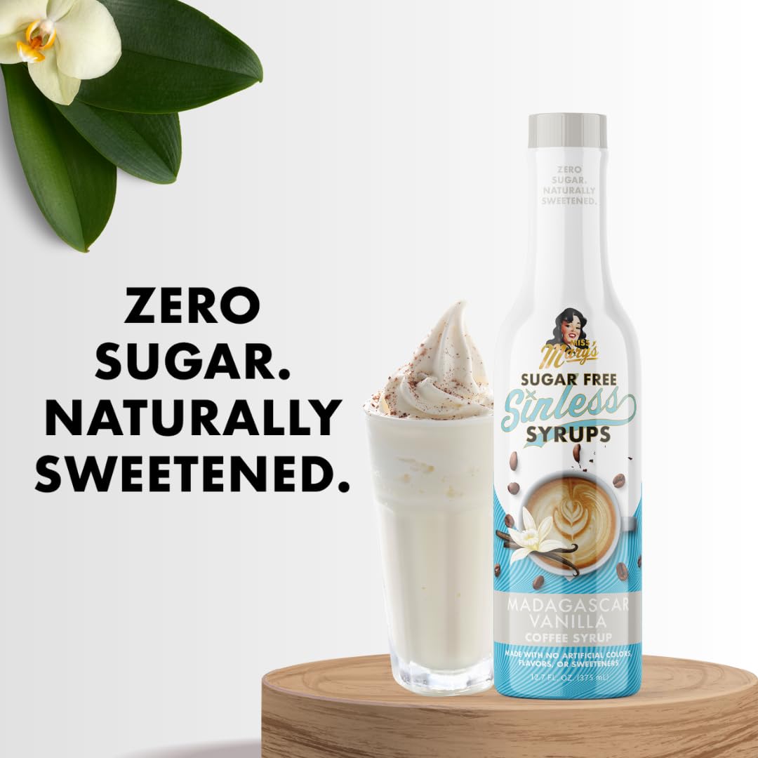 Miss Mary's Madagascar Vanilla Sugar Free Coffee Syrup being poured for coffee flavor