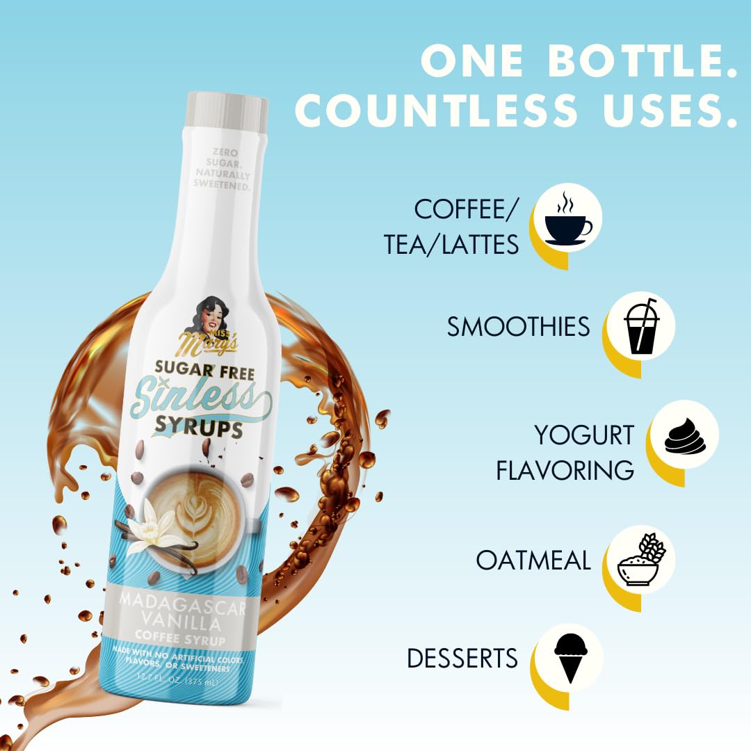 Miss Mary's Madagascar Vanilla Sugar Free Coffee Syrup label shows natural ingredients
