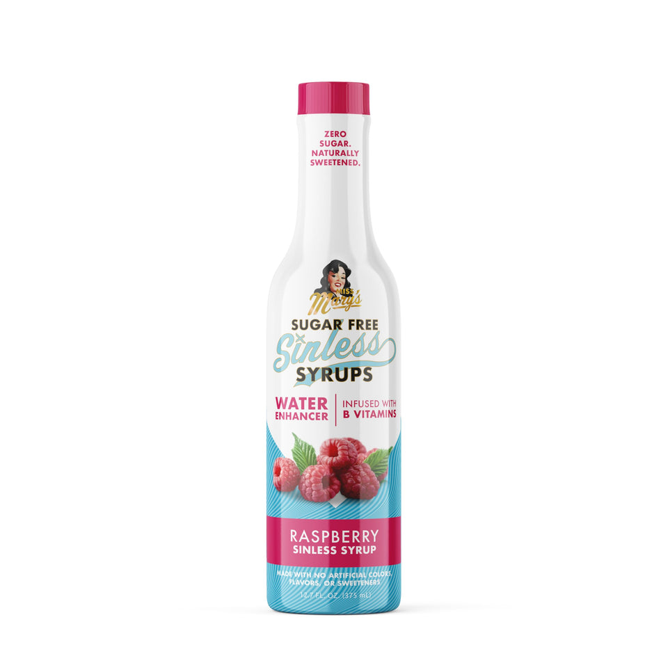 Miss Mary's Morning Elixir Raspberry Sinless Syrup bottle for sugar-free berry flavor in beverages.