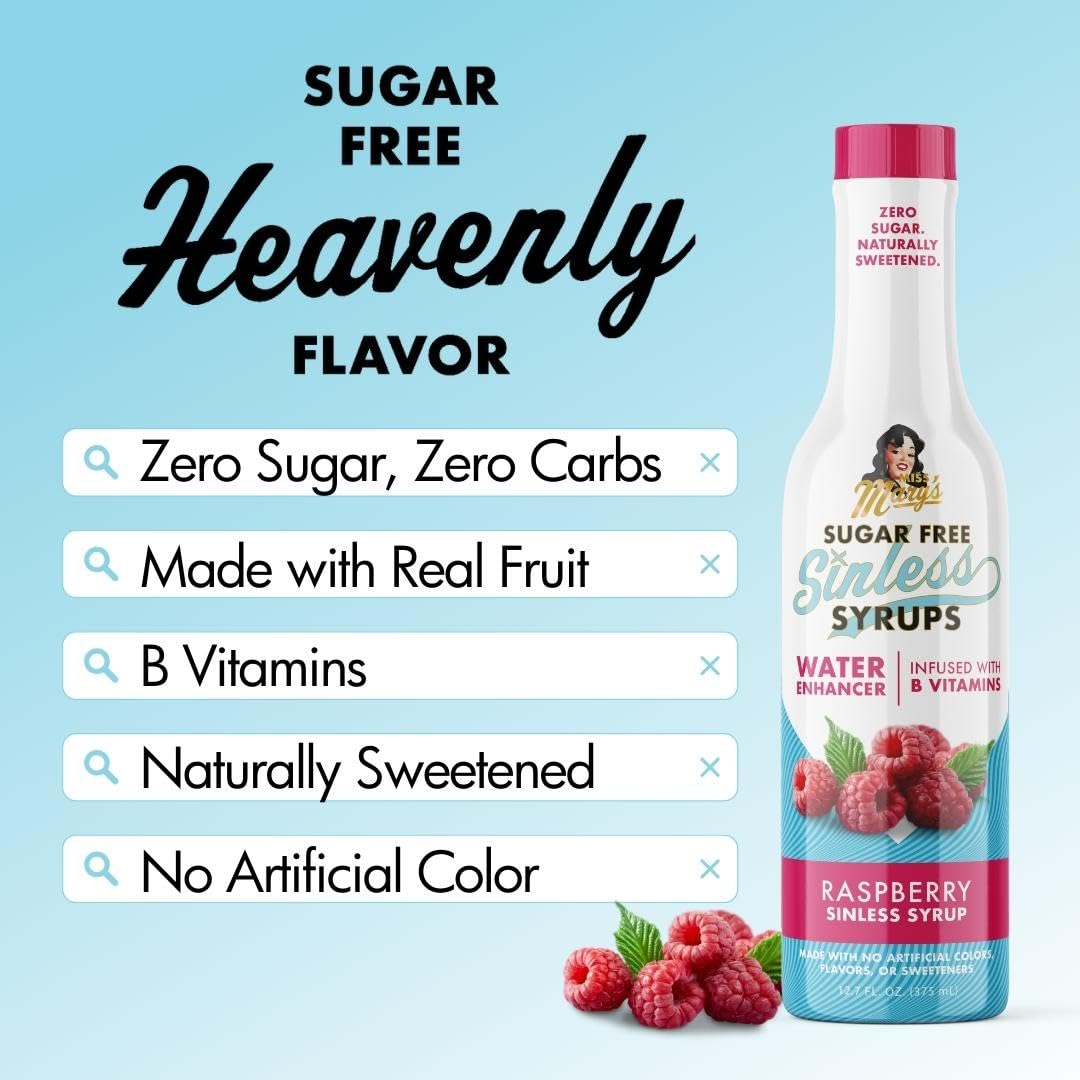 Miss Mary's Morning Elixir Raspberry Sinless Syrup in a glass of water adds berry flavor without sugar.