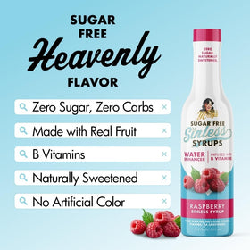 Miss Mary's Morning Elixir Raspberry Sinless Syrup in a glass of water adds berry flavor without sugar.