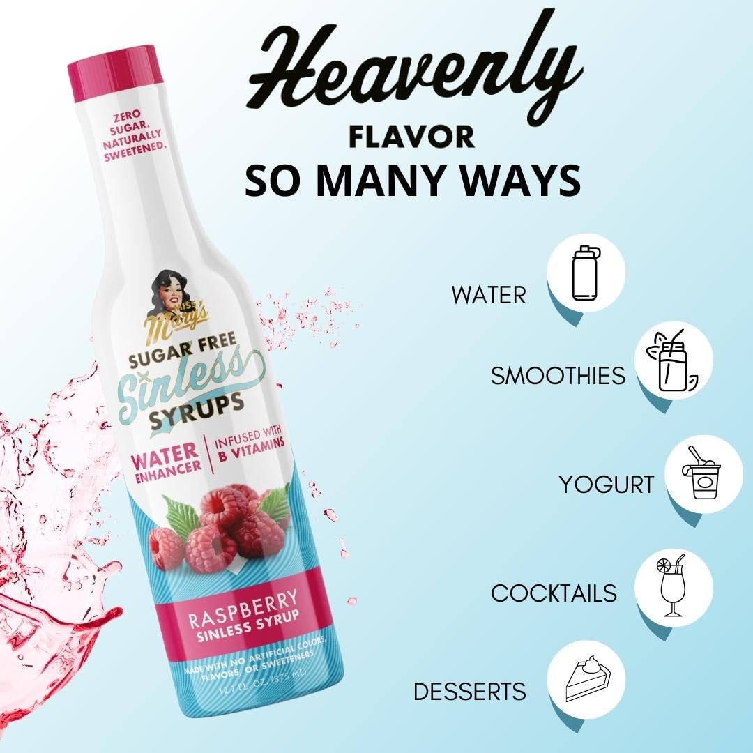 Miss Mary's Morning Elixir Raspberry Sinless Syrup on yogurt adds berry brightness without sugar.