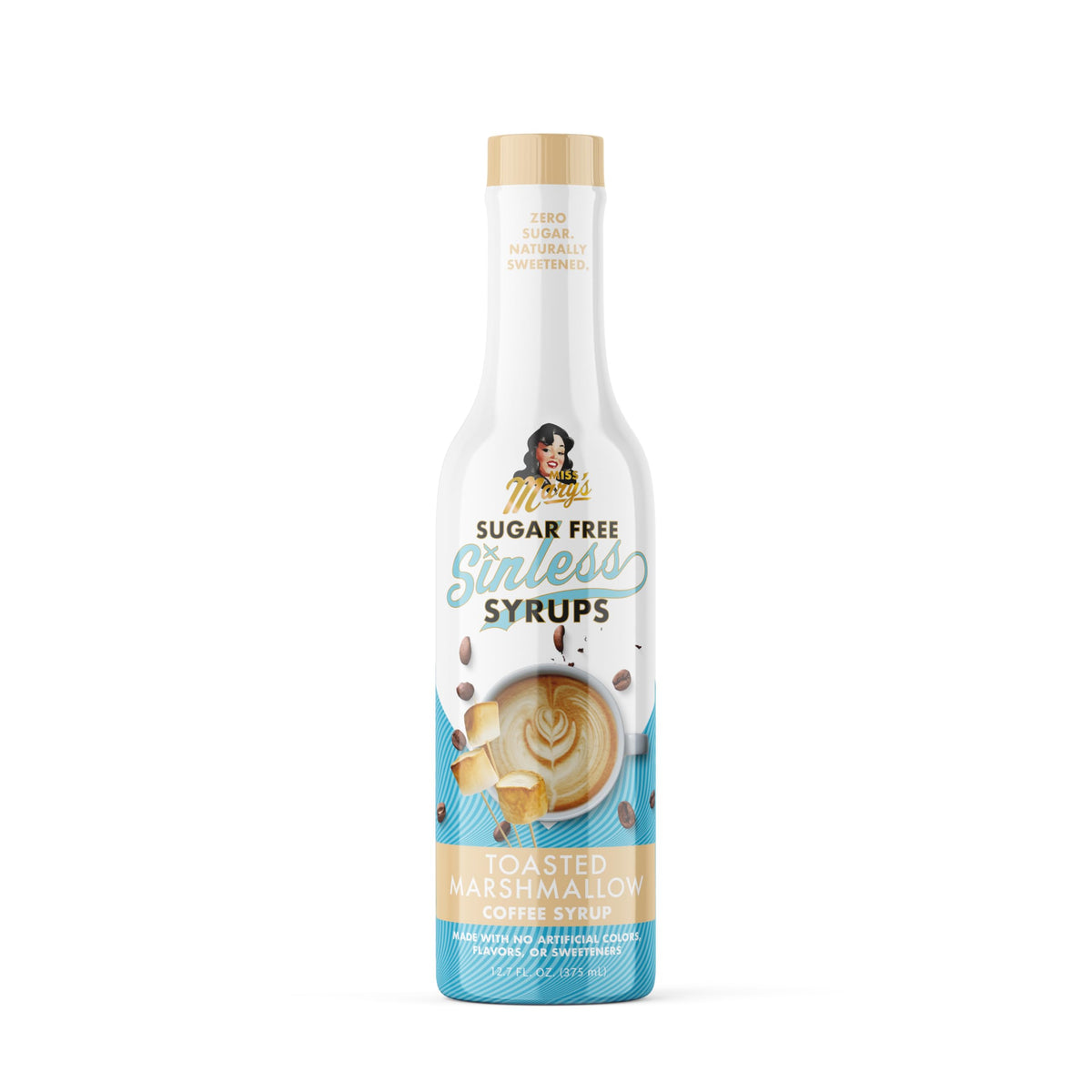 Miss Mary's Morning Elixir Sinless Syrup bottle with toasted marshmallow flavor for sugar-free indulgence.