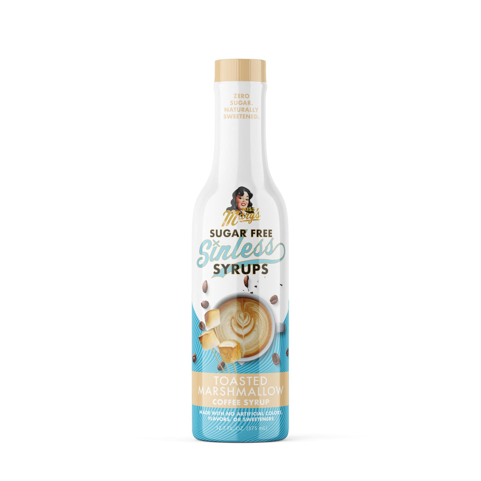 Miss Mary's Morning Elixir Sinless Syrup bottle with toasted marshmallow flavor for sugar-free indulgence.
