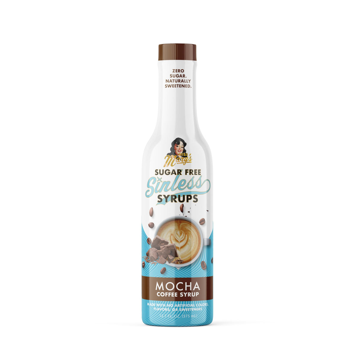 Miss Mary's Morning Elixir sugar-free mocha syrup bottle pouring for rich keto coffee flavor
