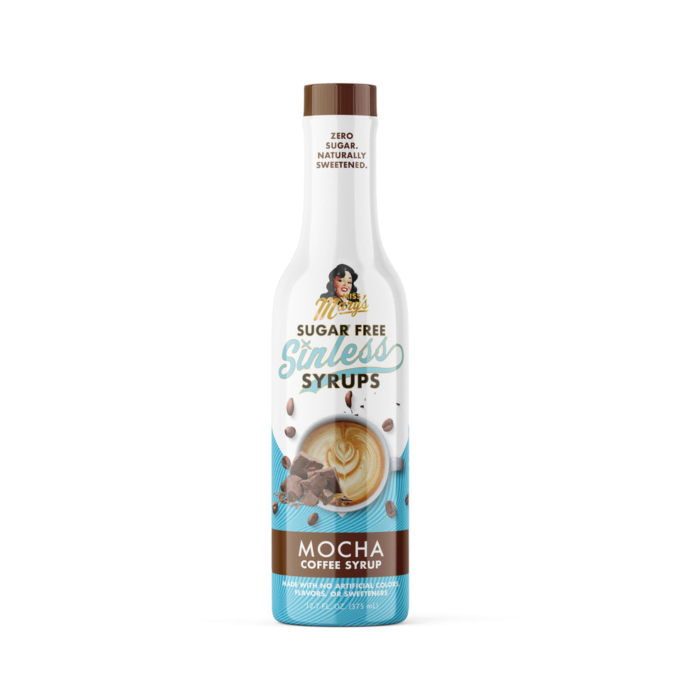 Miss Mary's Morning Elixir sugar-free mocha syrup bottle pouring for rich keto coffee flavor