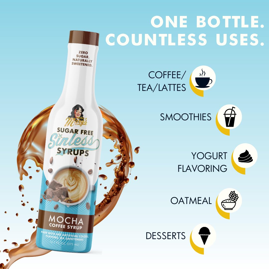 Gluten-free, plant-based Miss Mary's Sinless Syrup packaging and label