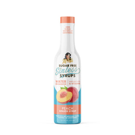 Miss Mary's Peach Sinless Syrup bottle with peach flavor for sugar-free beverages.