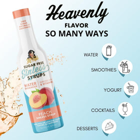 Miss Mary's Peach Sinless Syrup drizzle over pancakes for fruity, guilt-free topping.