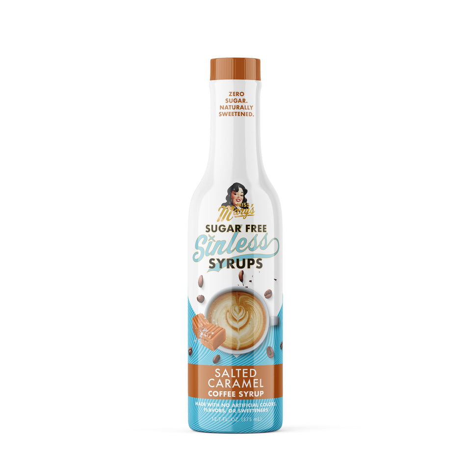 Miss Mary's Sinless Salted Caramel Syrup bottle close-up highlighting natural ingredients