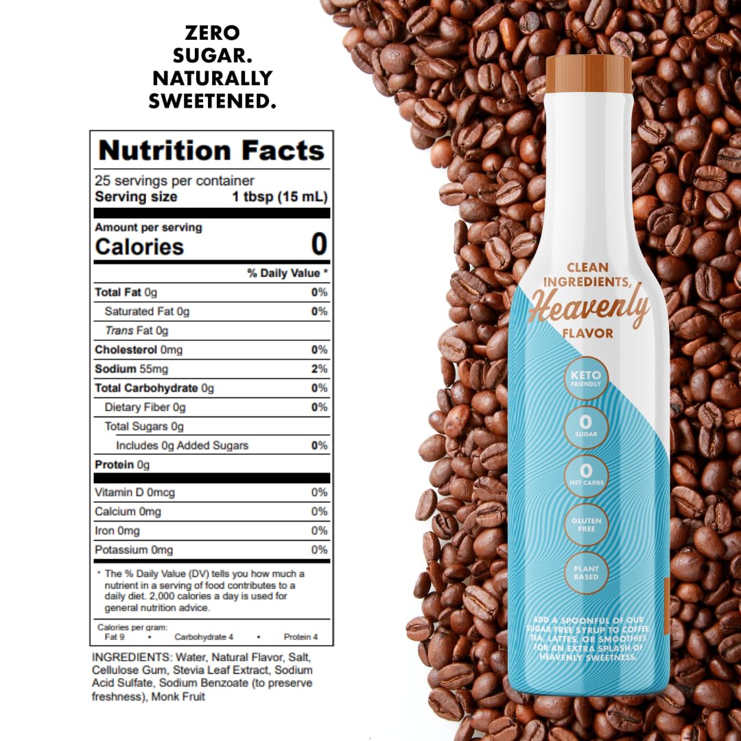 Miss Mary's Sinless Salted Caramel Syrup on a kitchen counter beside measuring cup