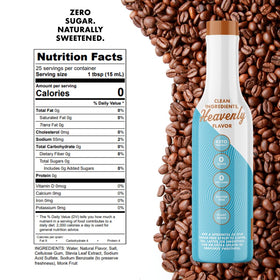 Miss Mary's Sinless Salted Caramel Syrup on a kitchen counter beside measuring cup