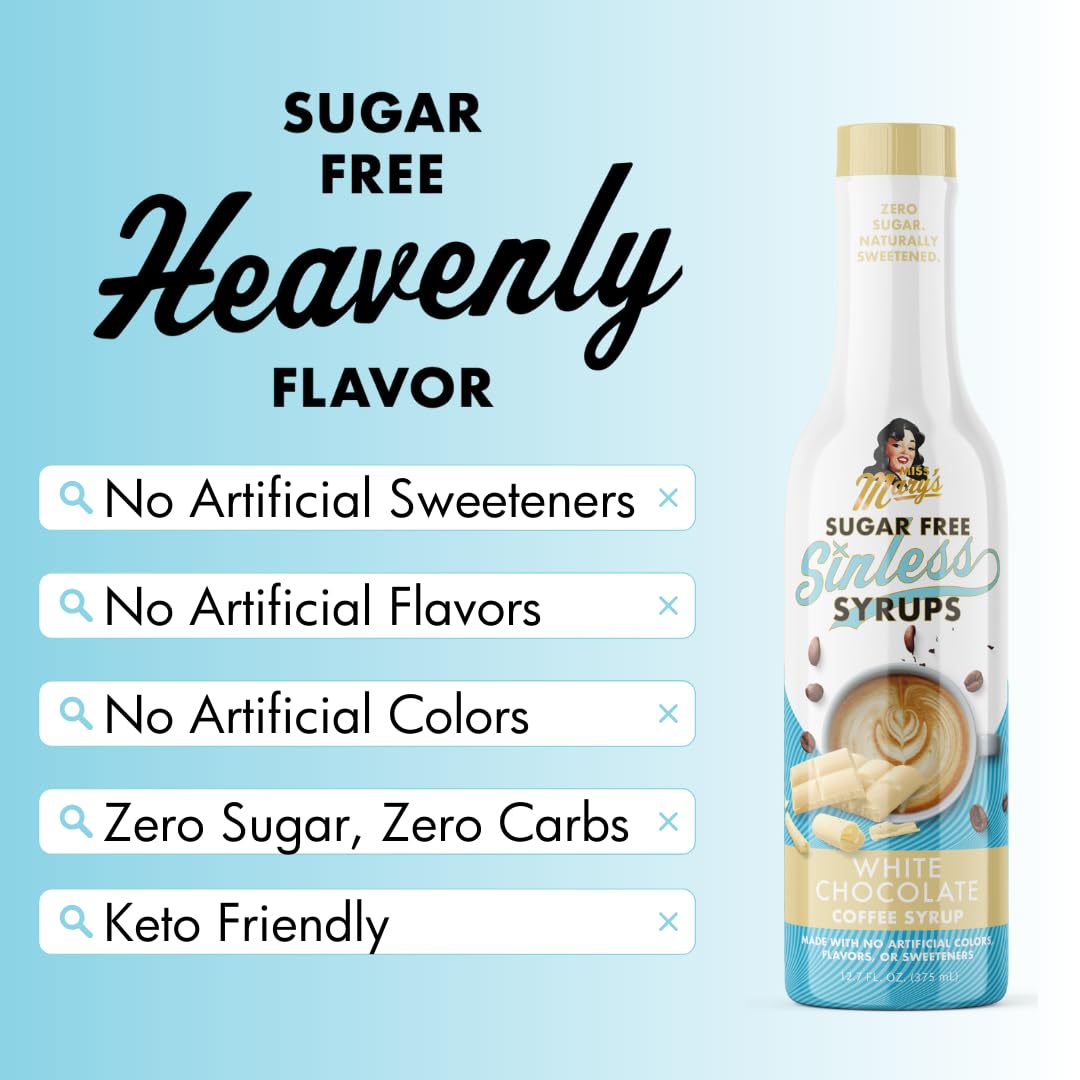 Miss Mary's Sinless White Chocolate Syrup beside coffee for keto-friendly flavor.