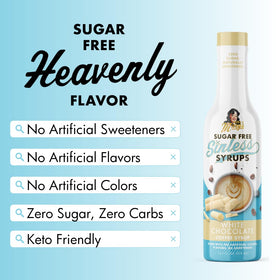Miss Mary's Sinless White Chocolate Syrup beside coffee for keto-friendly flavor.