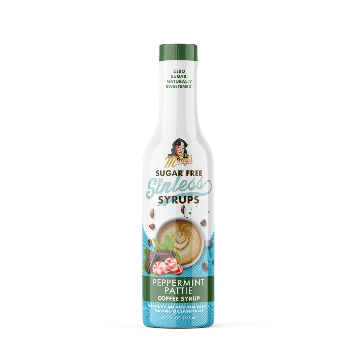 Miss Mary's Sinless Syrup peppermint Pattie bottle adds natural sweetness to coffee