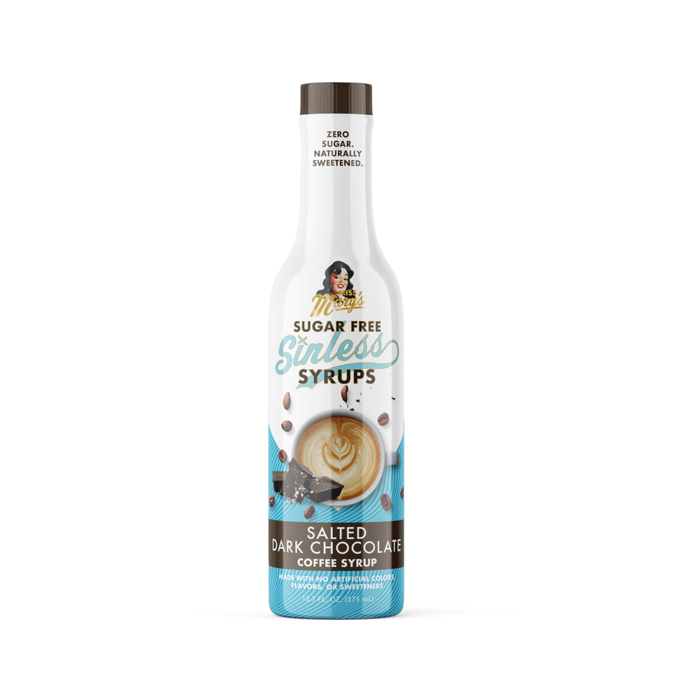 Miss Mary's Sinless Syrup Salted Dark Chocolate bottle, ideal for keto desserts