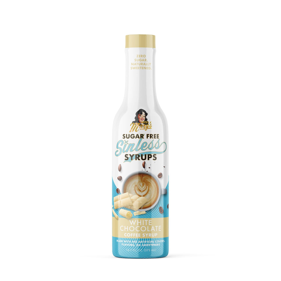 Miss Mary's Sinless White Chocolate Syrup bottle pour for sugar-free desserts.