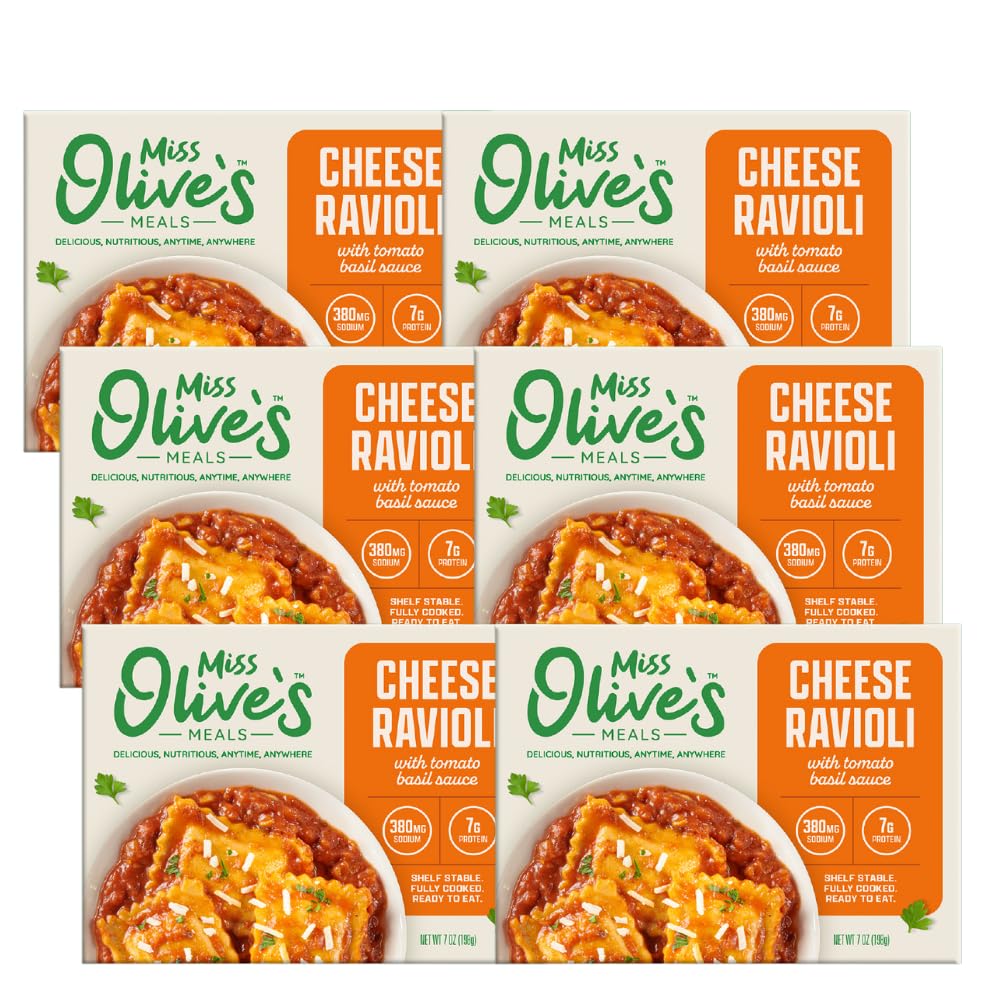 Miss Olive's Cheese Ravioli packfront shows pantry-ready, heat-and-serve convenience.