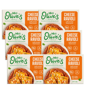 Miss Olive's Cheese Ravioli packfront shows pantry-ready, heat-and-serve convenience.