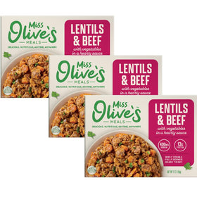 Miss Olive's Lentil Beef with Vegetables ready meal pack front view, shelf-stable and convenient.